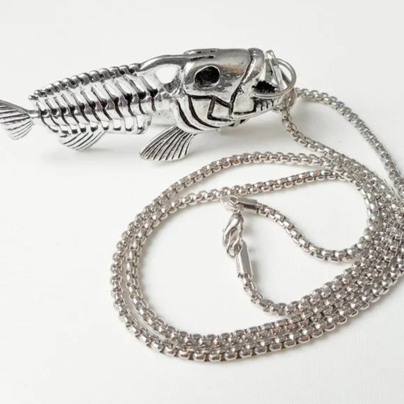 Men's necklace-24" length 3" large 3D silver tone fish skeleton pendant necklace - Picture 1 of 7
